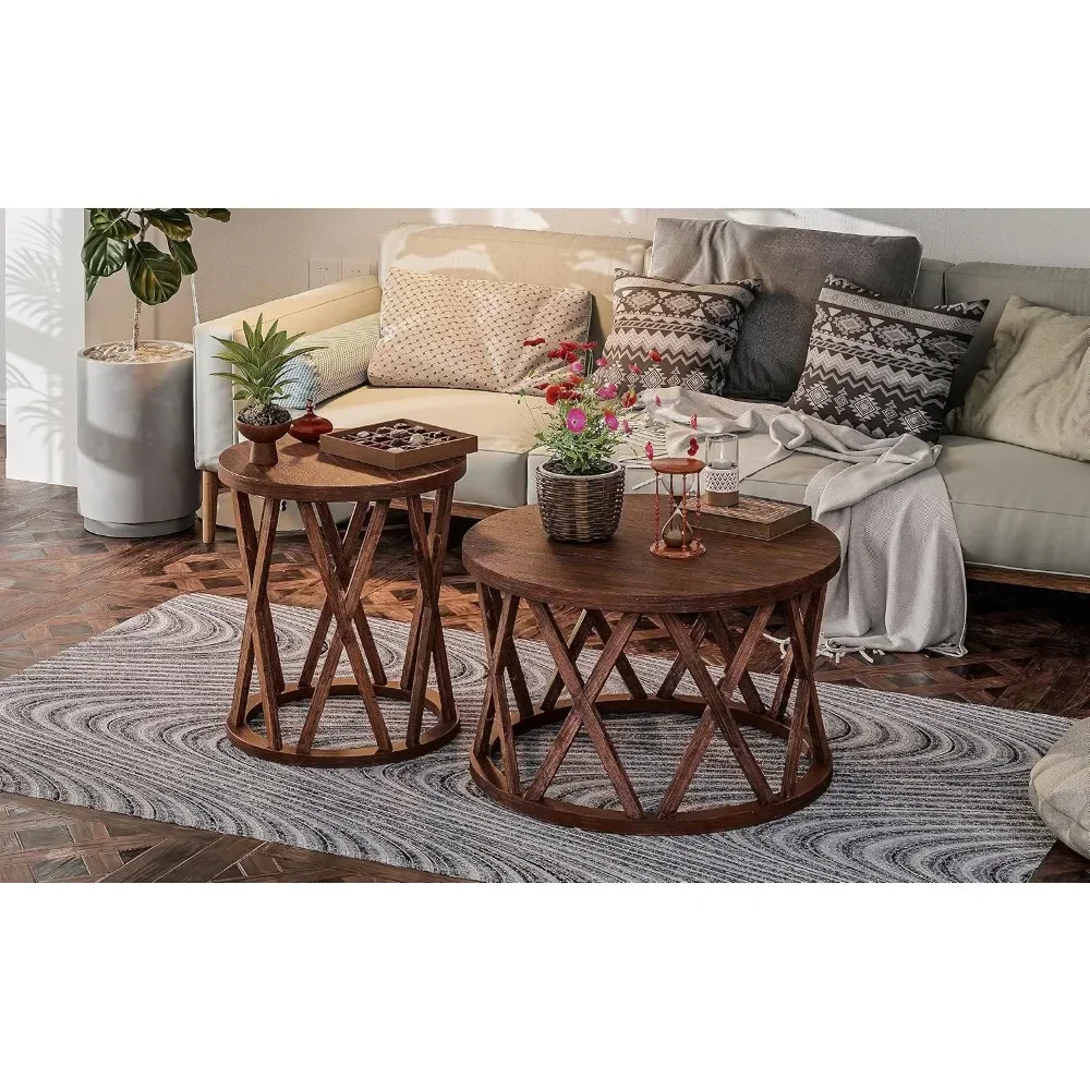 Rustic Farmhouse Coffee Table, Round Coffee Table with X-Motifs Legs, Wood Textured Top, for Boho, French Country Decor, Brown 5