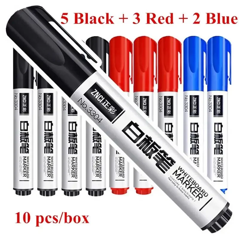 Erasable Whiteboard Pen Set - 10-Pack Thick Tip Markers, Red/Blue/Black