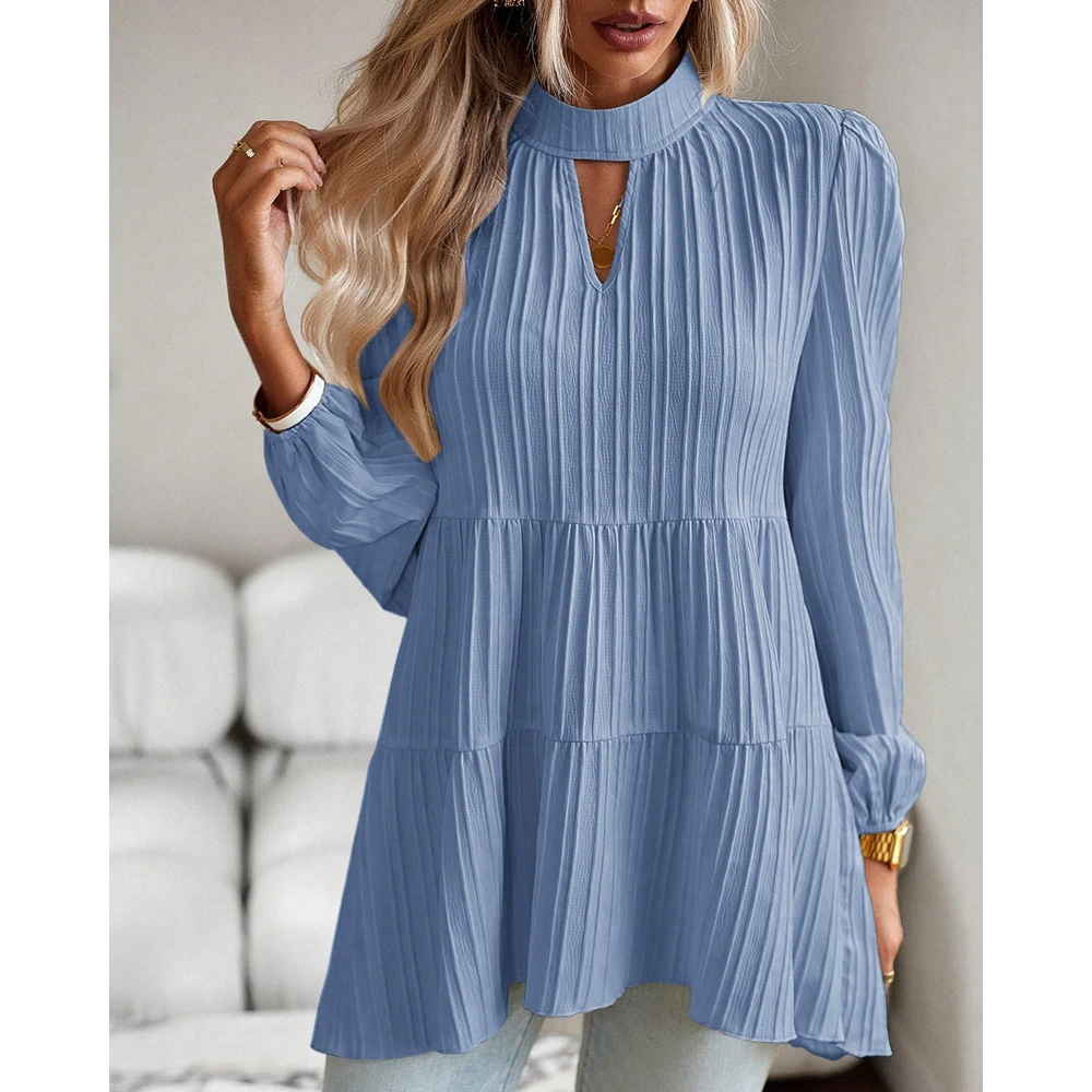 Spring 2024 Solid T Shirts Ladies Top Round Neck Cut out Lantern Long Sleeve Blouse for Women Fashion Ruched Casual Streetwear hlj y2k solid sleeveless long dress women drawstring ruched bodycon dress for party club birthday ladies sexy streetwear outfits