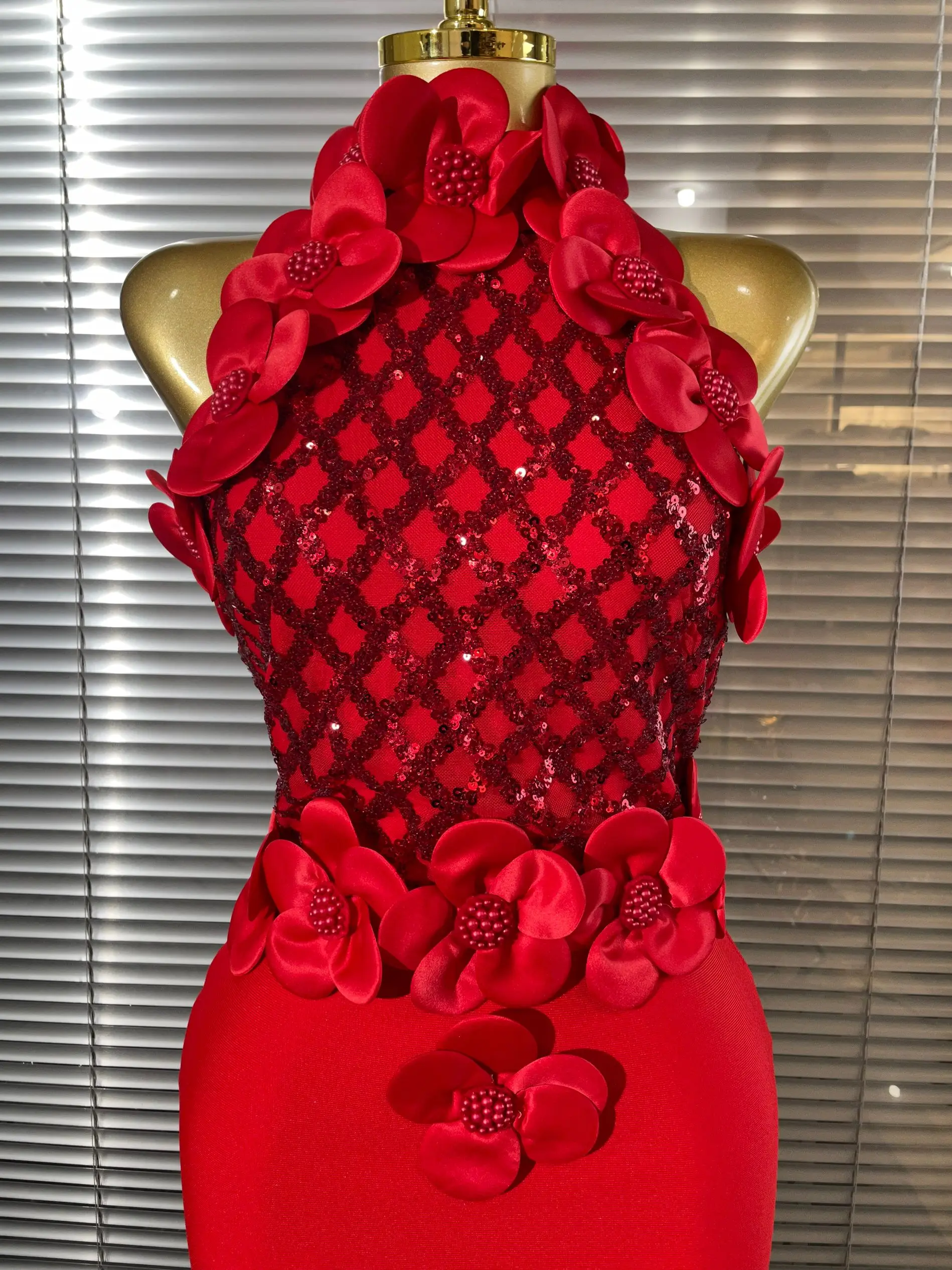 Black Red Women Shining Sequins Florals Sexy O-Neck Bodycon Bandage Long Dress Evening Party Christmas Birthday Outfit