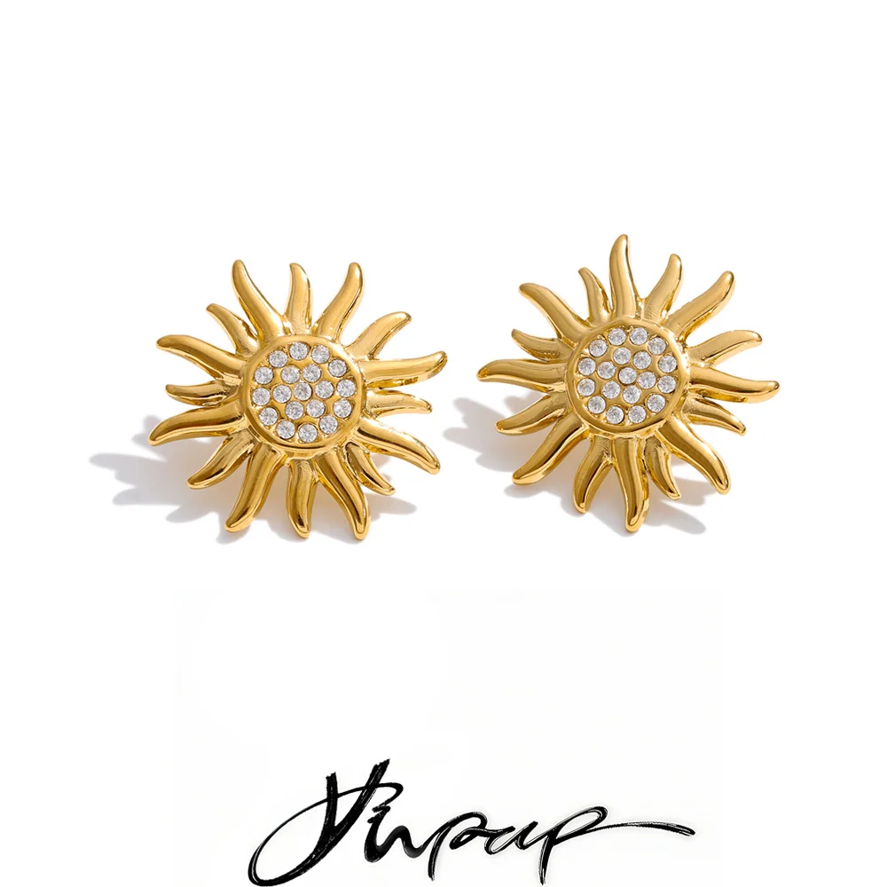 Yhpup Stainless Steel Cubic Zirconia Sun Stud Earrings