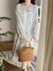 Women's Long Knee-Length Spwear Nightgown with Chest Pad Spring Autumn Winter Home Clothes Sweet Sle round Ne Print