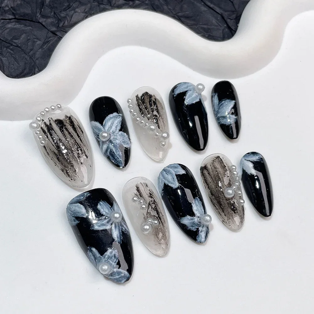 

Handmade Black Press on Nails Almond with Flower Design Korean Reusable Adhesive Fake Nails Y2K Pearl Artifical Nail Tips