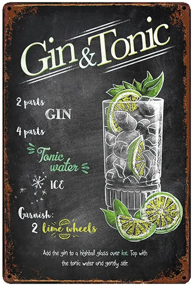 Original Vintage Design Gin & Tonic Cocktail Ricetta Tin Metal Signs Wall Art |