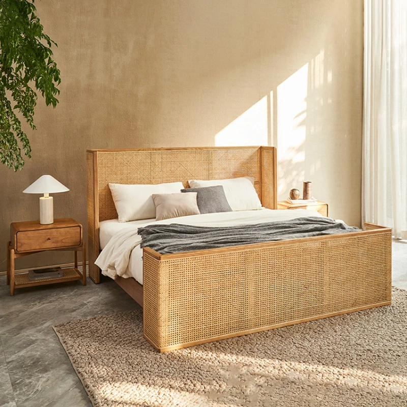 

Nordic retro rattan bed log wind double bed main bed rattan bed wedding bed