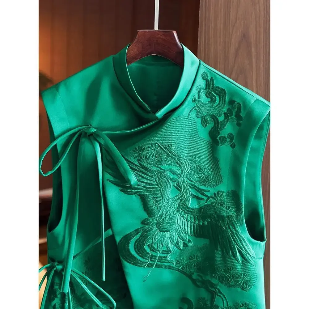 Chinese Style Top Women Tang Clothes Embroidery Phoenix Flower Qipao Lady Vest Vintage Clothing Casual Carnival Dress Up Party