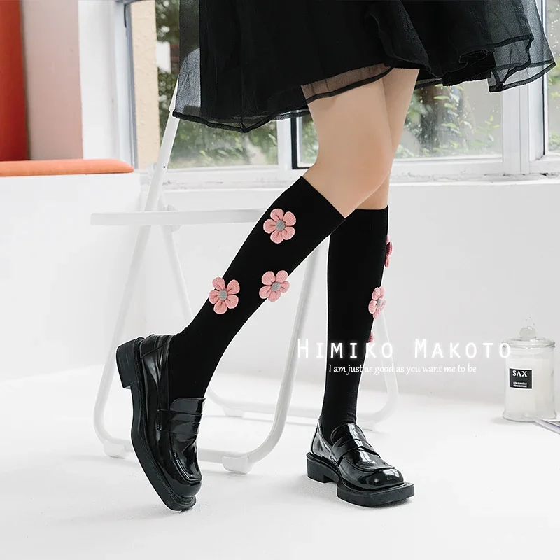 Big Bow Cotton Calf Socks Flower Sequins Black White Knee Length Socks Korean Thigh High Long Socks Students JK Lolita Stocking