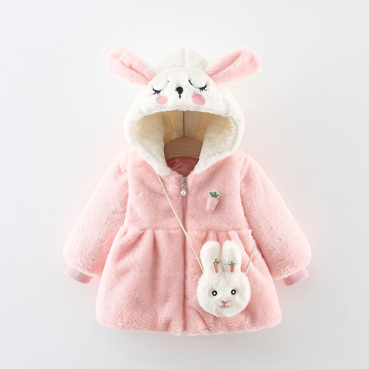 Winter Girls' Thickened Coat Plush Hooded Newborn Baby Jacket Rabbit Embroidered Baby Girl Cotton Coat Delivery Of Bags