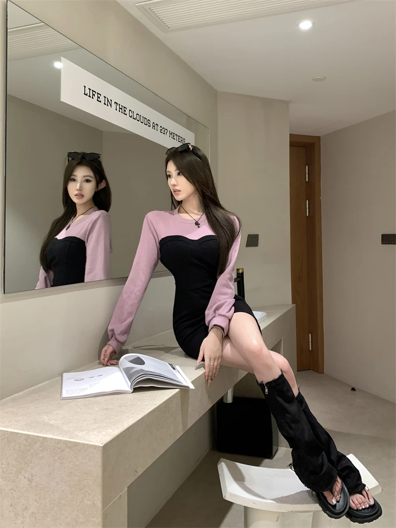 Sexy Patchwork Mini Dresses Women Long Sleeve Bodycon Lace-up Hollow Out Y2K Club Party Dress Korean Fashion Autumn New Vestidos