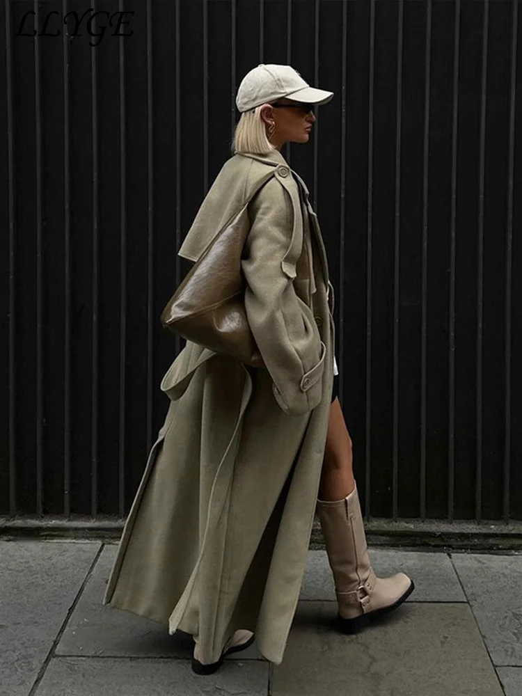 Elegant Women's Woolen Overcoat With Belt Street Lapel Double Breasted Full Sleeve Long Coat 2024 Autumn Lady Loose Outwear New 6