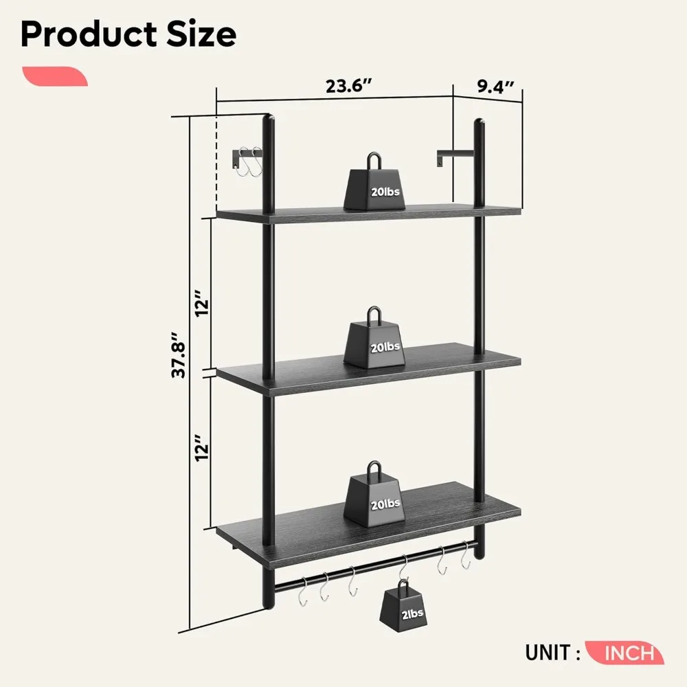 Floating Shelves for Wall, 23.6" Wall Mounted Kitchen Shelves with Towel Rack Over Toilet, Pipe Shelving Wall Decor