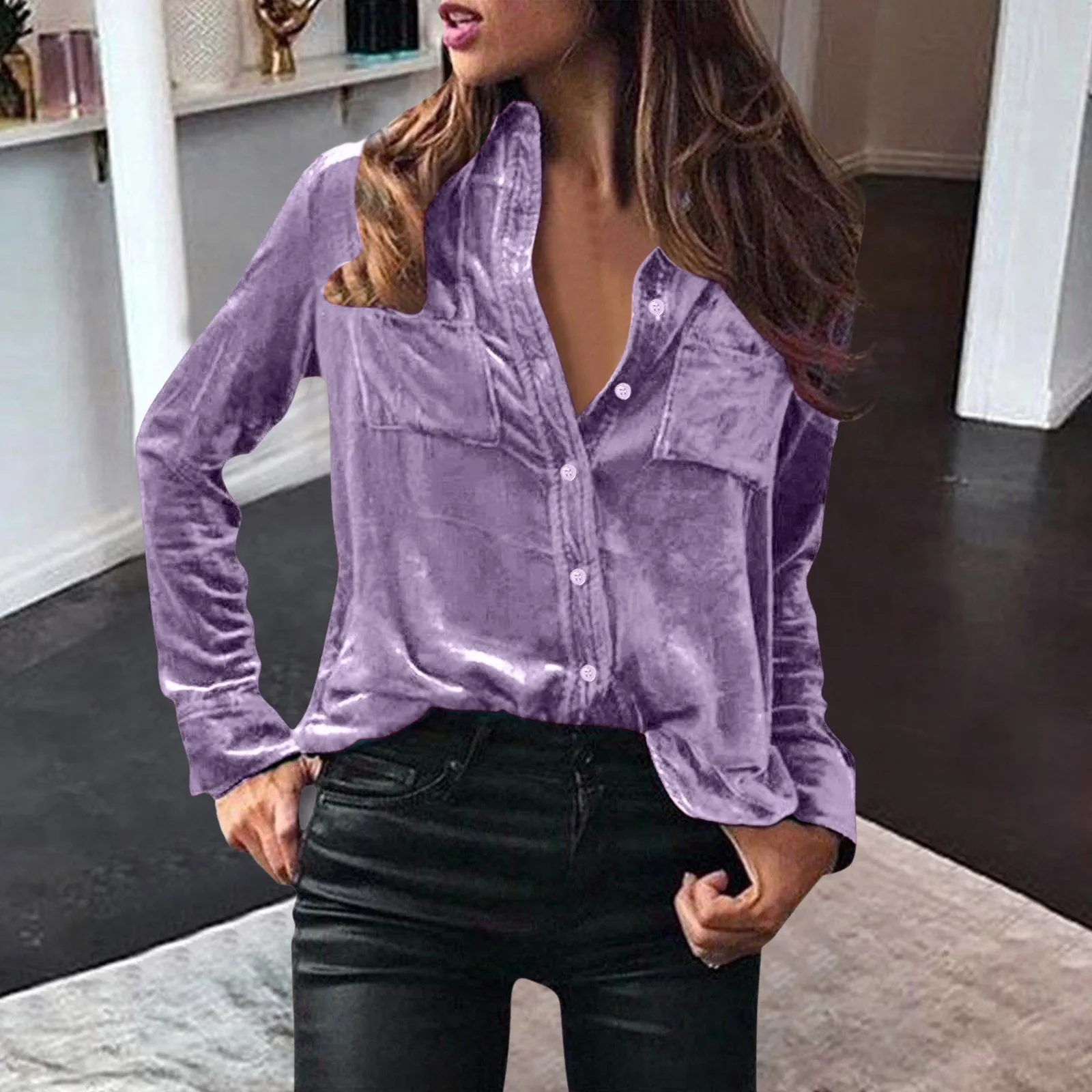 Women Winter Casual Top Blouse Velvet Long Sleeve Solid Elegant Shirt Button Pocket Casual Shirt Top Womens Fleece Sweatpants