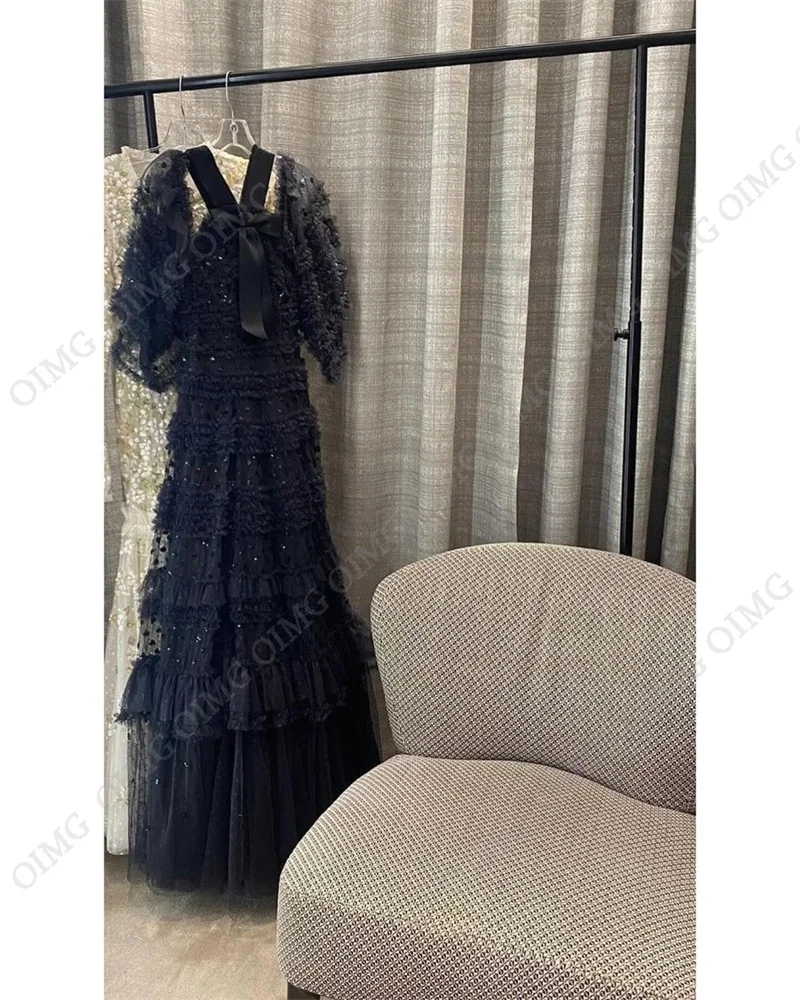 Black Luxury Fluffy Prom Dresses Tulle Ruffles Crystals Shiny Women Short A Line Sequins Elegant Evening Gowns Customized