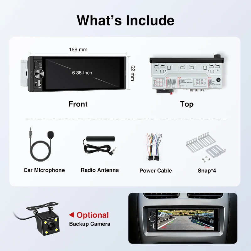 Ainavi K40 K50 Radio de coche universal 1 Din de 6,36 pulgadas, MP5, pantalla táctil IPS, inalámbrico HD 1280*480, Carplay, Android Auto, cámara trasera, MIC, USB, BT 5.0, tipo C, Bluetooth, teléfono, música 5