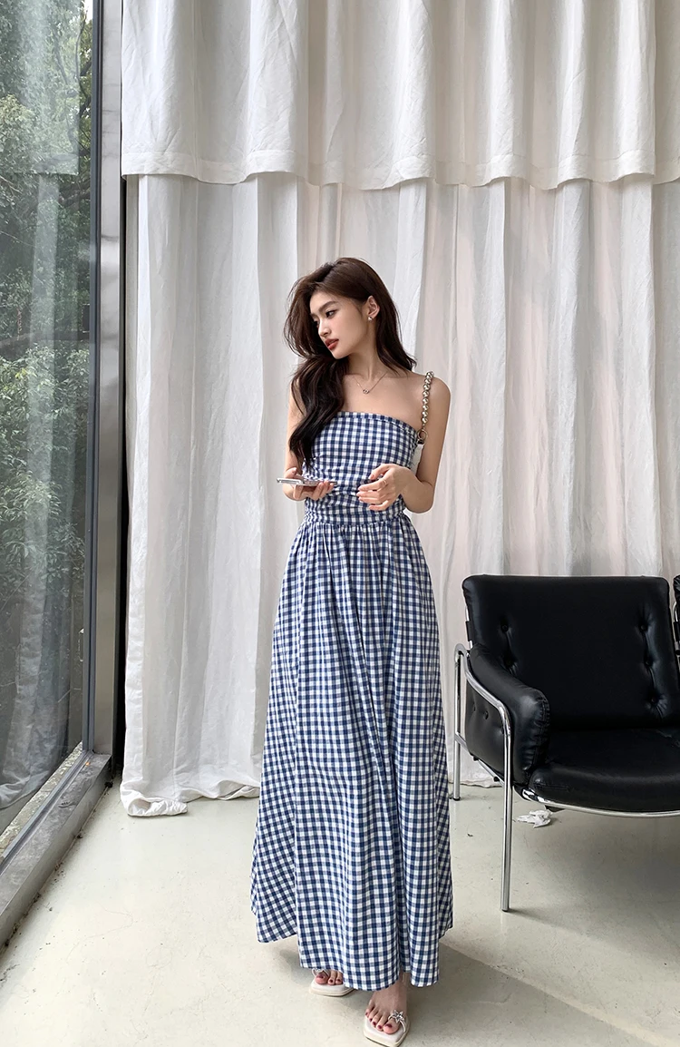 Casual Strapless Midi Dresses for Women Striped Sleeveless A-line Korean Chic Summer New Party Dress Vestidos Mujer