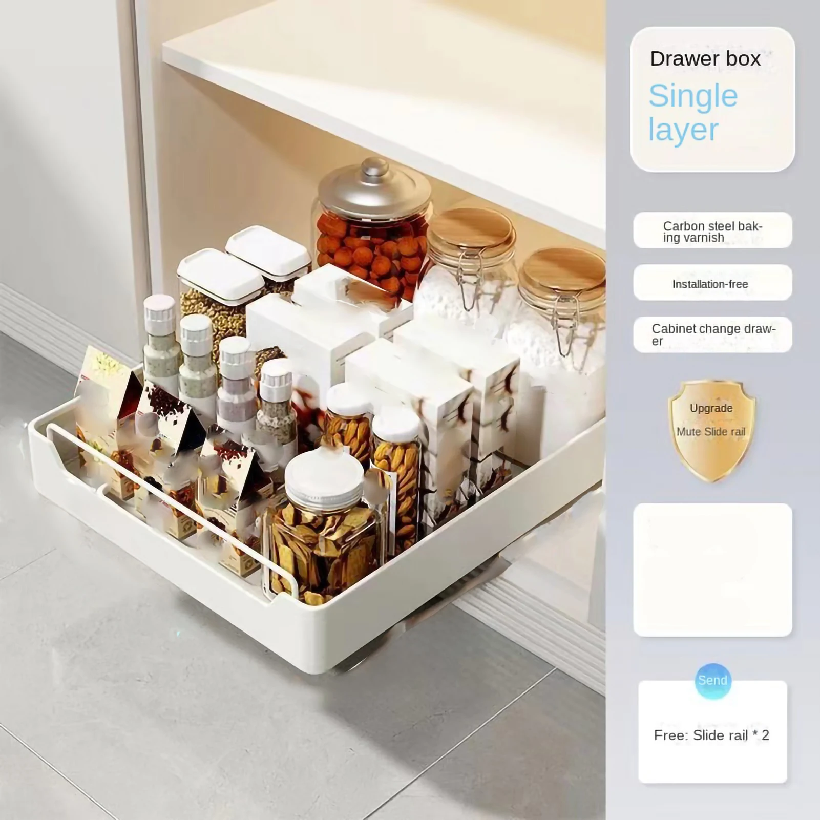 New Kitchen Storage Rack with Slide Rails Pull-out Kitchen Drawer Type Storage Tray Spice Box Storage Rack Cabinets Organizer 4