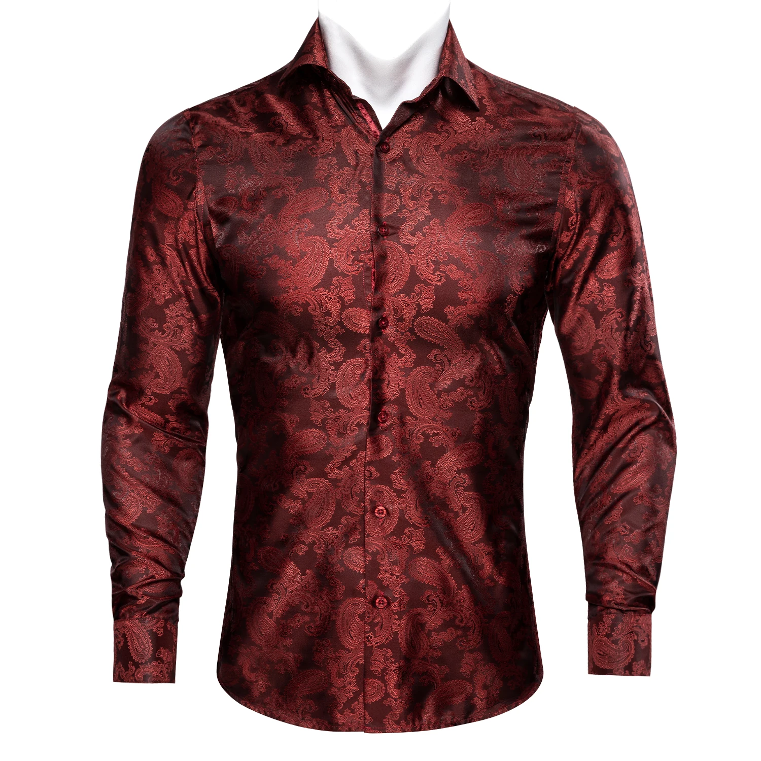 

Barry.Wang Luxury Red Paisley Silk Shirts Men Long Sleeve Casual Flower Shirts For Men Designer Fit Dress Shirt BY-0069