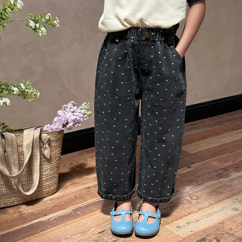 

Children Clothing Girls Pants Korean Style Full Print Jeans 2024 New Fashionable Girls Summer Thin Casual Straight Leg Pants