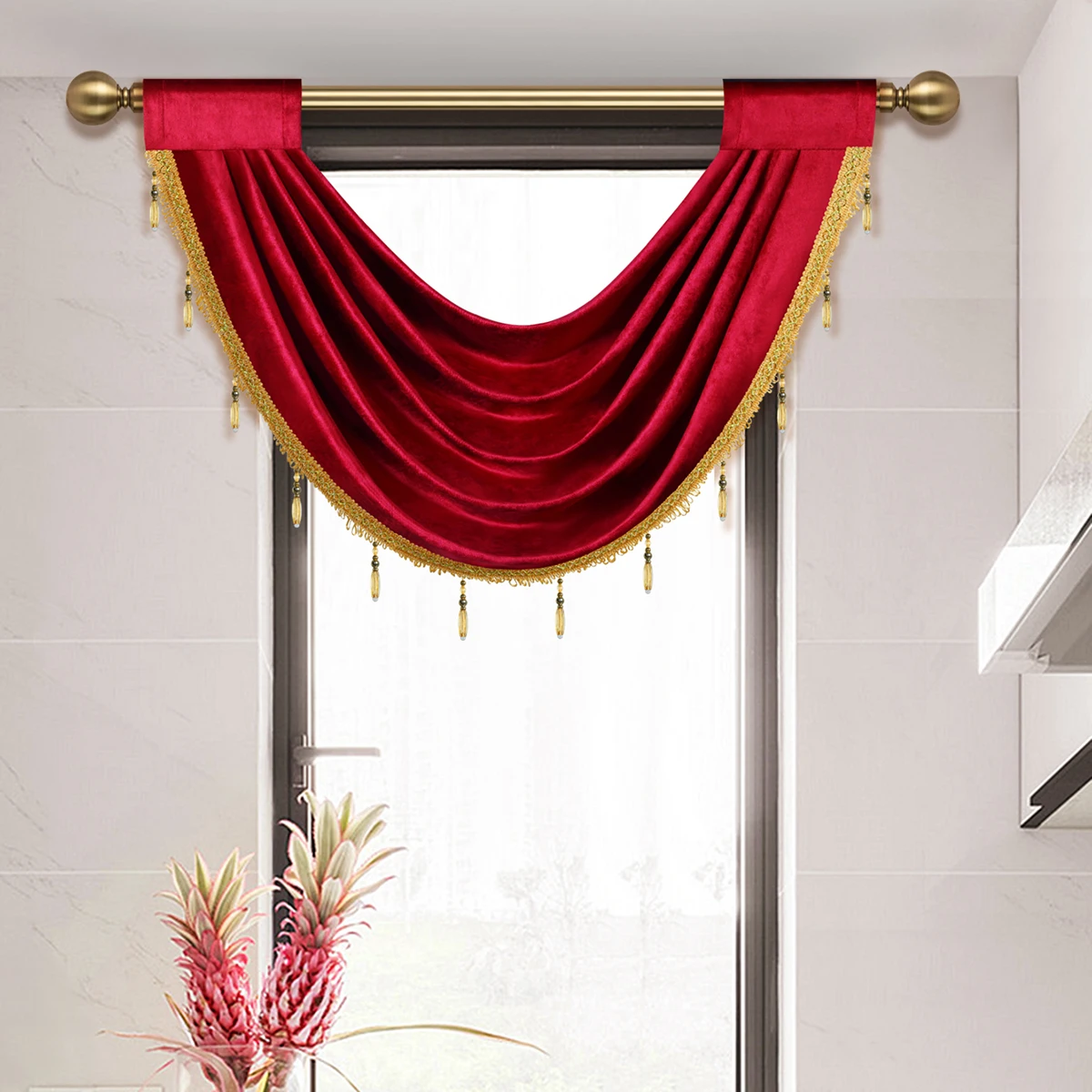 Mantovana Per Tenda Con Perline Grigia 130x61 Cm | Voile Con Nappe E Tasca Per Asta - 4