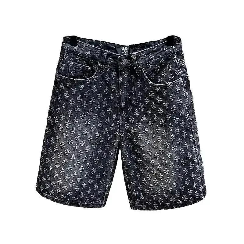 2025 American style new denim shorts for men in summer, loose straight tube, perforated jacquard, high-end feeling, five point 6