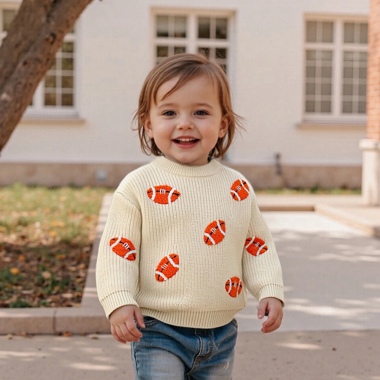 소녀 소년 스웨터 귀여운 럭비 자수 크루넥 긴 소매 풀오버 따뜻한 니트 탑