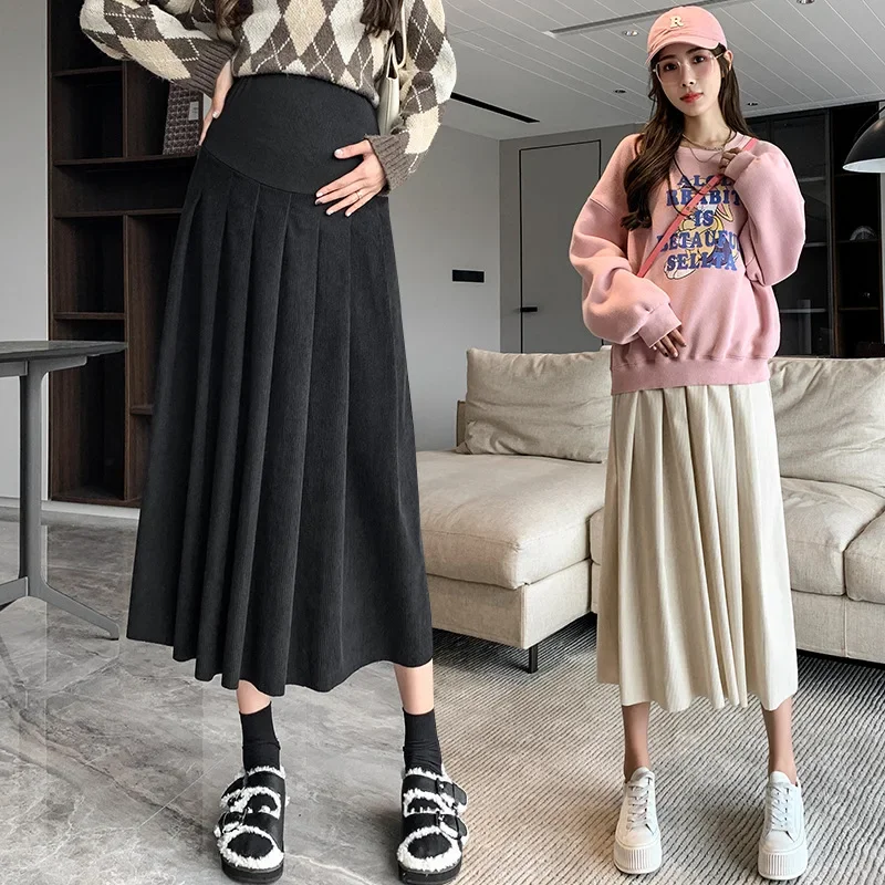 Maternity Corduroy Skirt High Waist Midi Length Pleated College Style Autumn Winter Fashionable Pregnancy Skirt