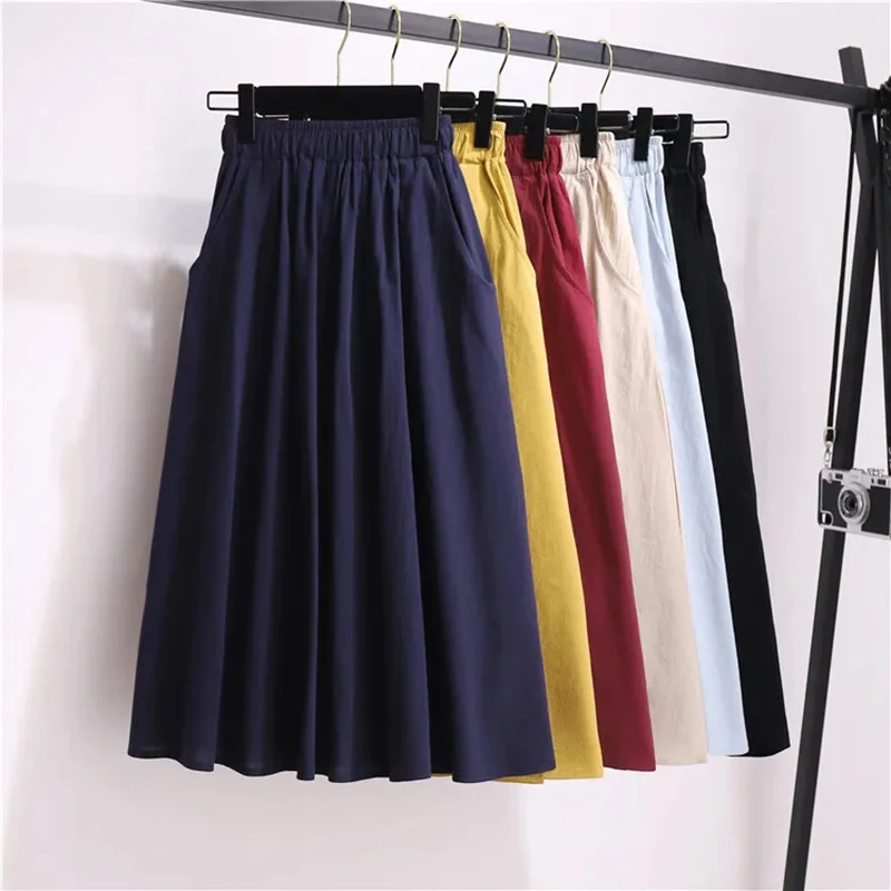 

Cotton Linen Skirt Women Summer Elastic High Waist Solid A Line Loose Ladies Midi Skirt Elegant Casual Pocket Female Skirt