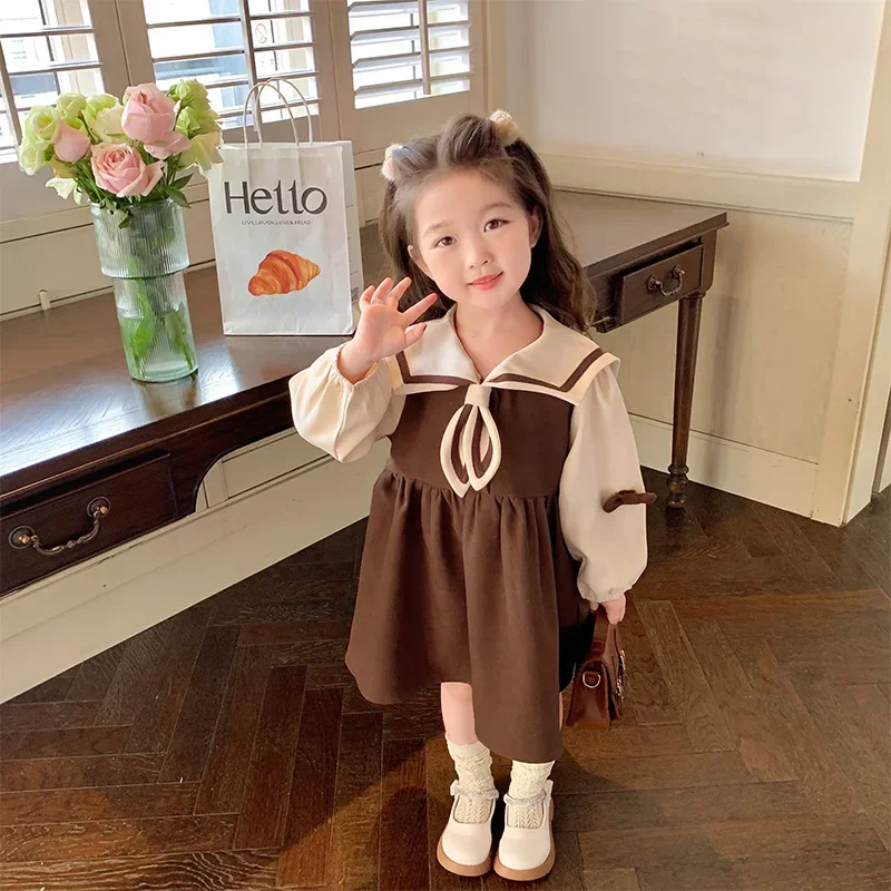

Girls' Dress Spring and Autumn Children's Preppy Navy Collar Long Sleeve Dress Ropa De Niña Girls Clothes