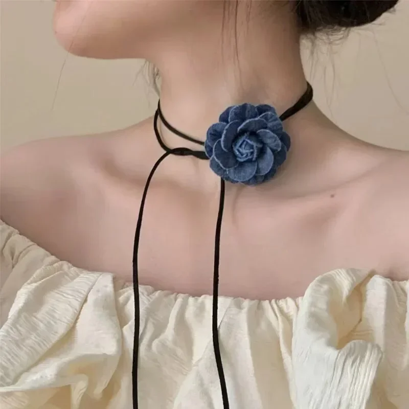 Women Jewelry Adjustable Flower Rose Pendant Choker Y2K Collarbone Chain Jeans Cloth Wax Rope Necklace