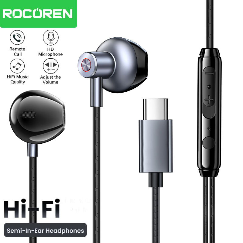 Rocoren Semi In Ear USB Type C Wired Earphones With Microphone Stereo Earbuds Sports In-line Control For iPhone16 Wired Headset