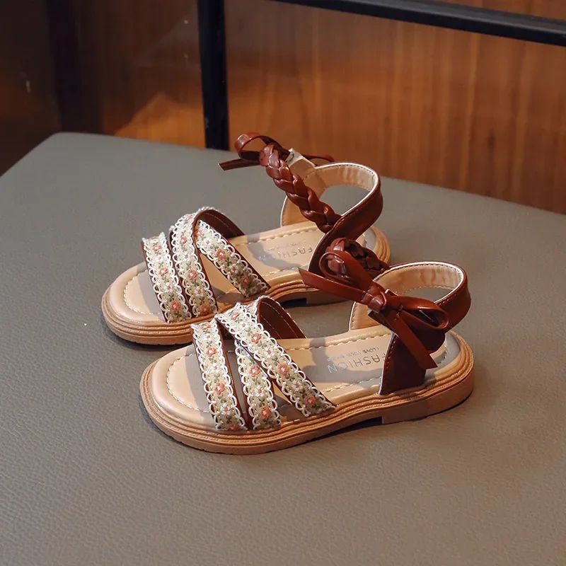 Girls Sandals Summer Children Princess Shoes Open-toe Embroider Flower Bowknot Flat Sandals Soft Soled