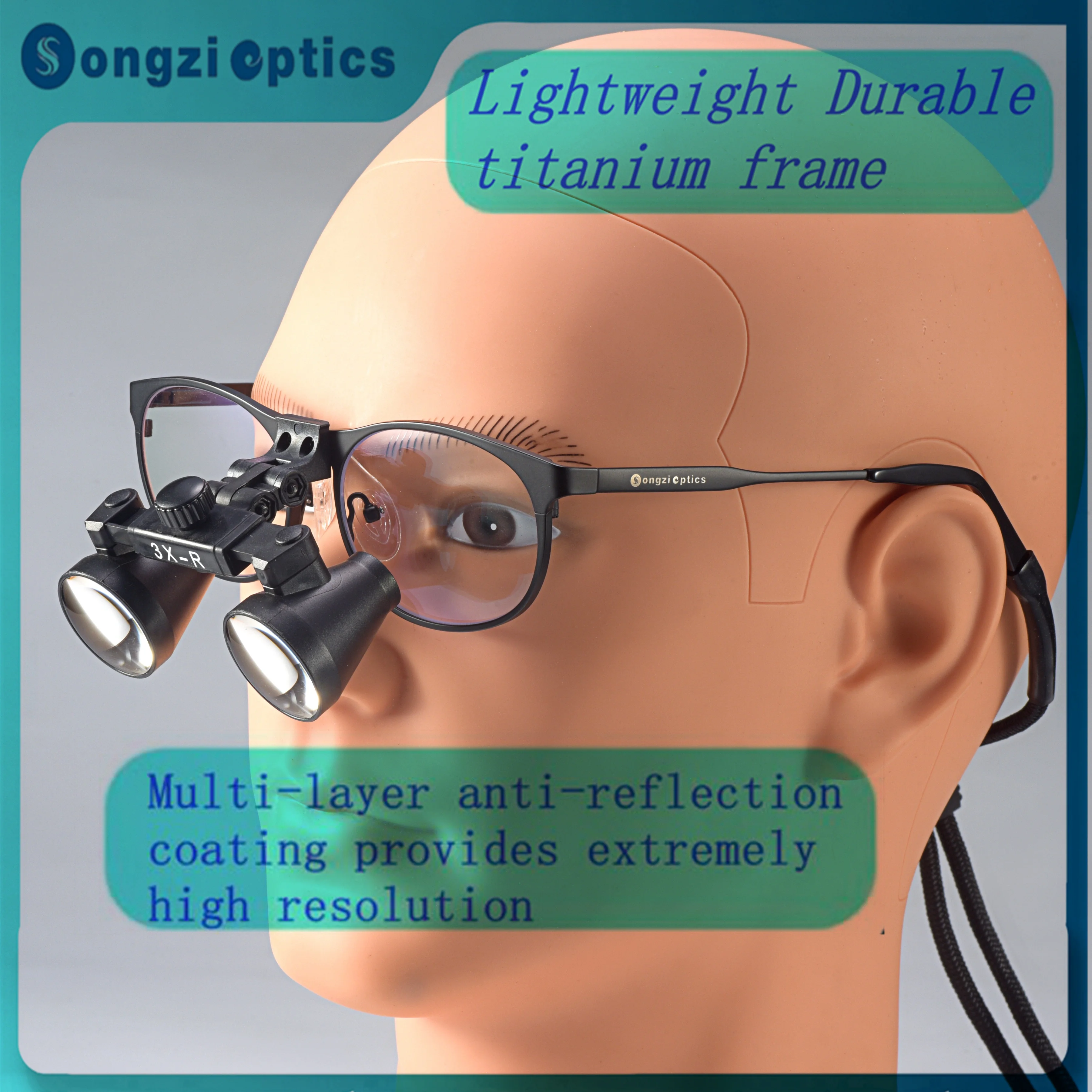 Loupes chirurgicales dentaires Songzi Optics 2.5X 3X 3.5X avec montures en titane optionnelles et système rabattable