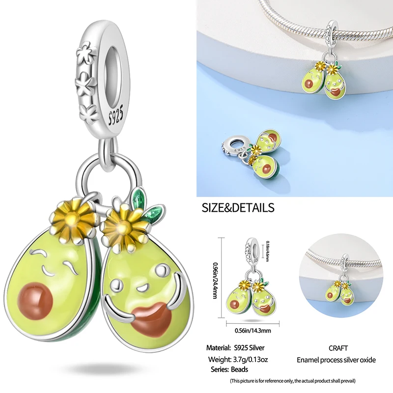 925 Sterling Silver Fruit Green Series Sisters Avocado Cactus Pineapple Strawberry Beads Pendant Charms Fit Bracelet DIY Jewelry 4