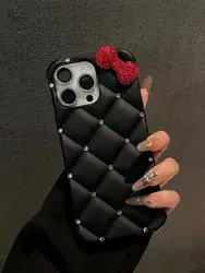 Luxury Designer Glitter Diamond Kitty Bow Phone Cover for 14 plus or 15 plus (Black red bow)