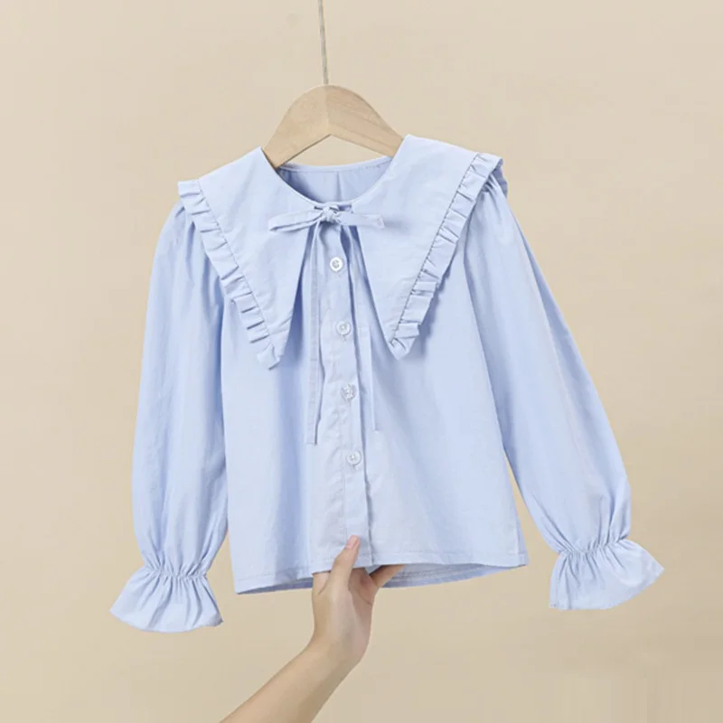 Kids Shirts Spring Autumn Baby Toddler Teenage Girls Ruffles Blouse Long Sleeve Cotton Pullover Tops 6 8 10 12 Years