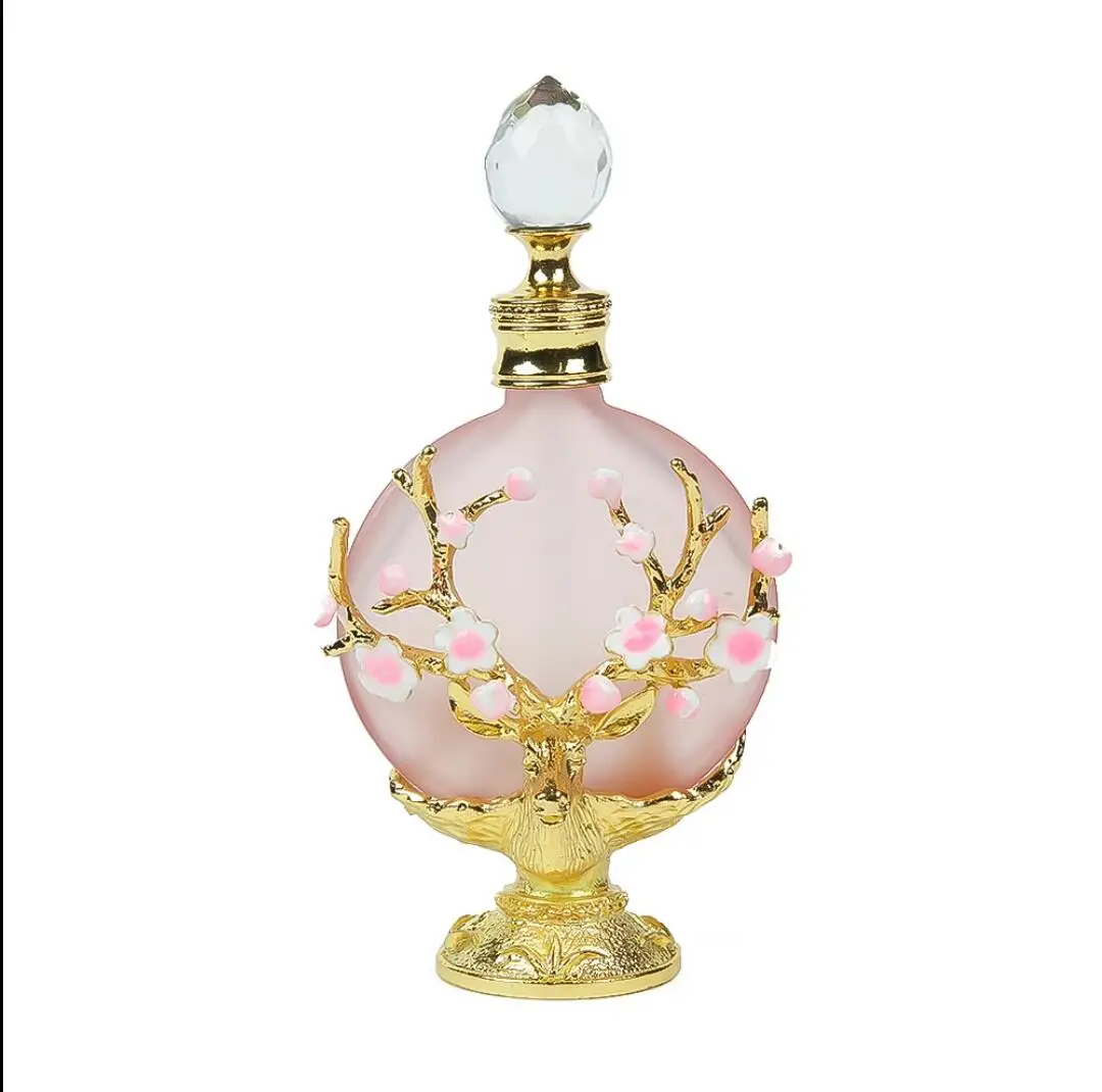 Vintage Decoration Bottle 30ML/1oz Pink Glass Enamel Antlers Plum Blossom Branch Clear Crystal Cap Aromatherapy Perfume Ornament glass bottles,aromatherapy diffuser bottle,mini glass bottles,mini perfume bottles