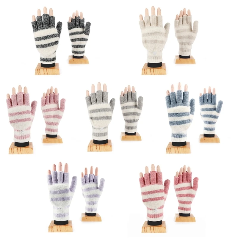 

Winter Knitted Mittens with Plush Striped Glove Writing Warm Gloves