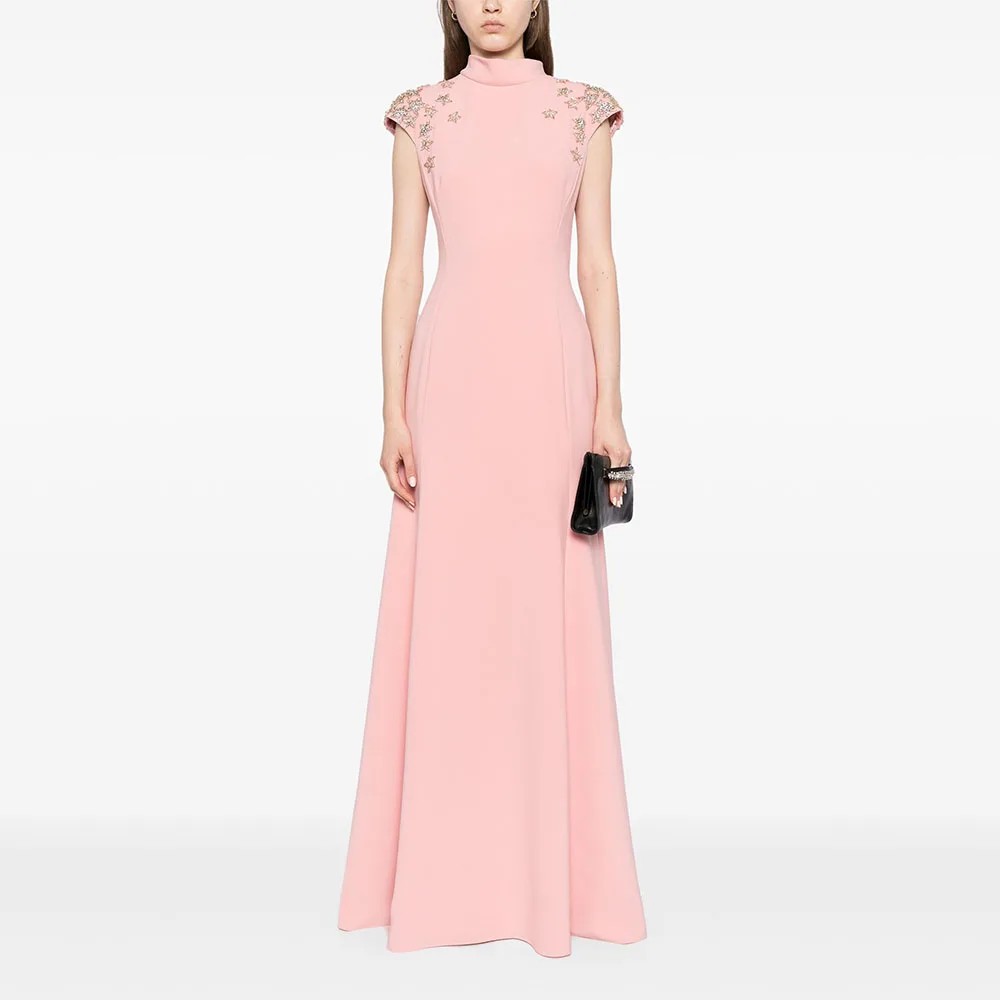 Elegant Wedding Guest Dresses Pink Mermaid Crystals Cap Sleeves Formal Party Gowns for Women High Collar Trumpet Evening Dress 1