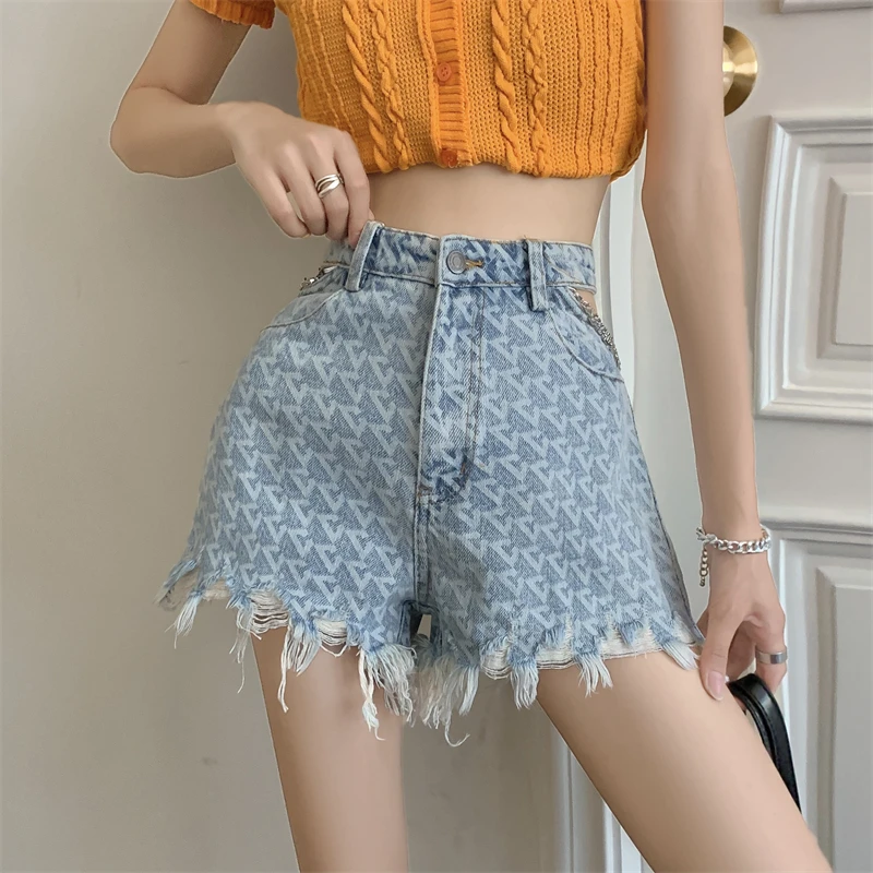 Korean Sexy Denim Straight Shorts Women Streetwear Hollow Out High Waist Wide Leg Short Summer Jeans Casual Harajuku Bottoms shorts women