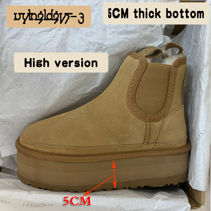 

Winter New Cowhide Boots Women's Chelsea Martin Boots Natural Sheepskin Snow Boots 5CM Thick Sole Elastic Deep Cut Cotton Shoes