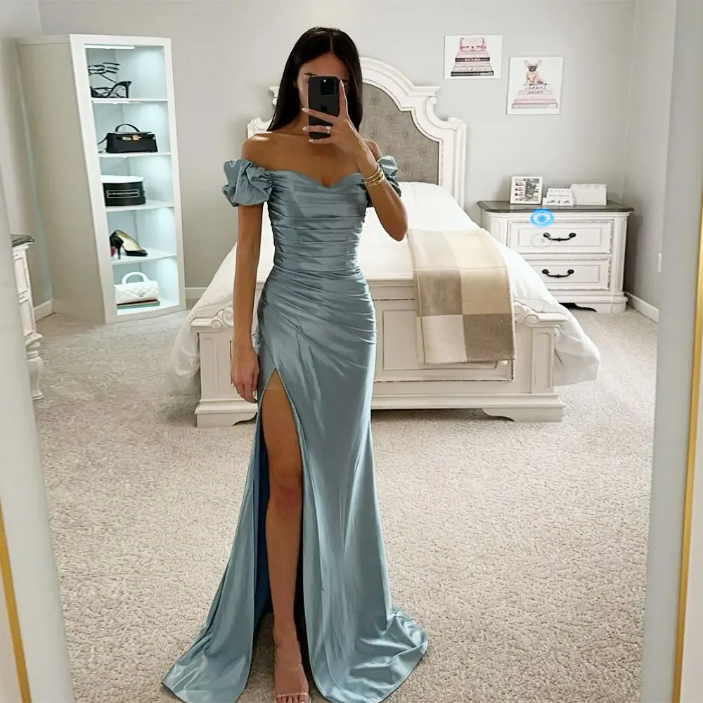 

Haze Blue Mermaid Prom Dresses Women Elegant 2024 off Shoulder Short Sleeves Evening Gowns Pleats Thigh Split Formal Party Dress