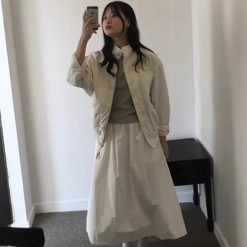 가을 루즈핏 퓨어 컬러 스탠드 칼라 작업복 자켓 여성용 탑 편안한 통기성 수분 흡수 자외선 차단