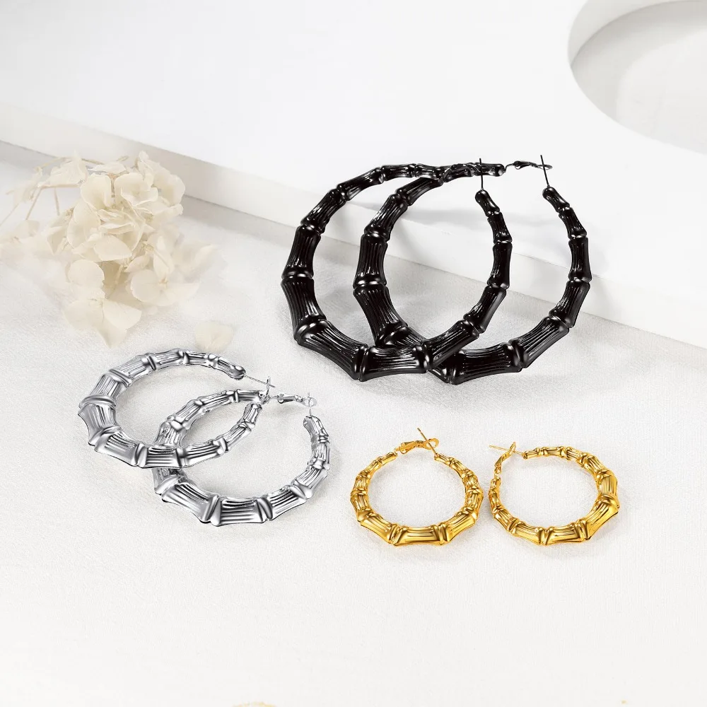 U7 Large Bamboo Hoop Earrings For Women Tenn Girls Gold