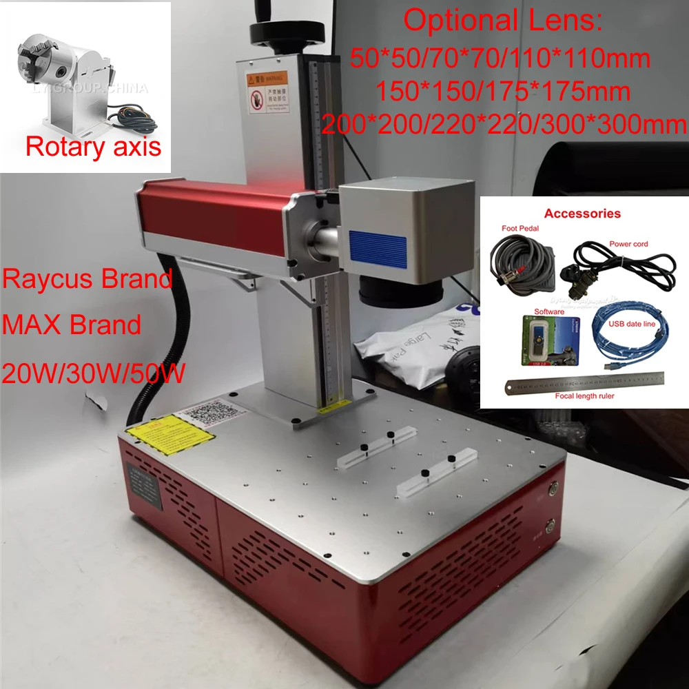 

50W Raycus Fiber Laser Marking Machine 30W Stainless Steel Gold Silver Metal Laser Cutting Engraver 20W MAX With Rotary Axis