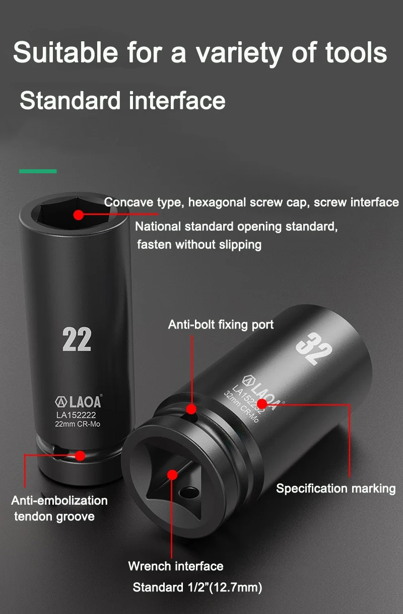 LAOA 1 Zoll Sechskant-Steckschlüssel 17-65mm Schlagfester Steckschlüssel Tiefer Steckschlüssel für Drehmomentschlüssel Pneumatische Elektrowerkzeuge – Detail 9