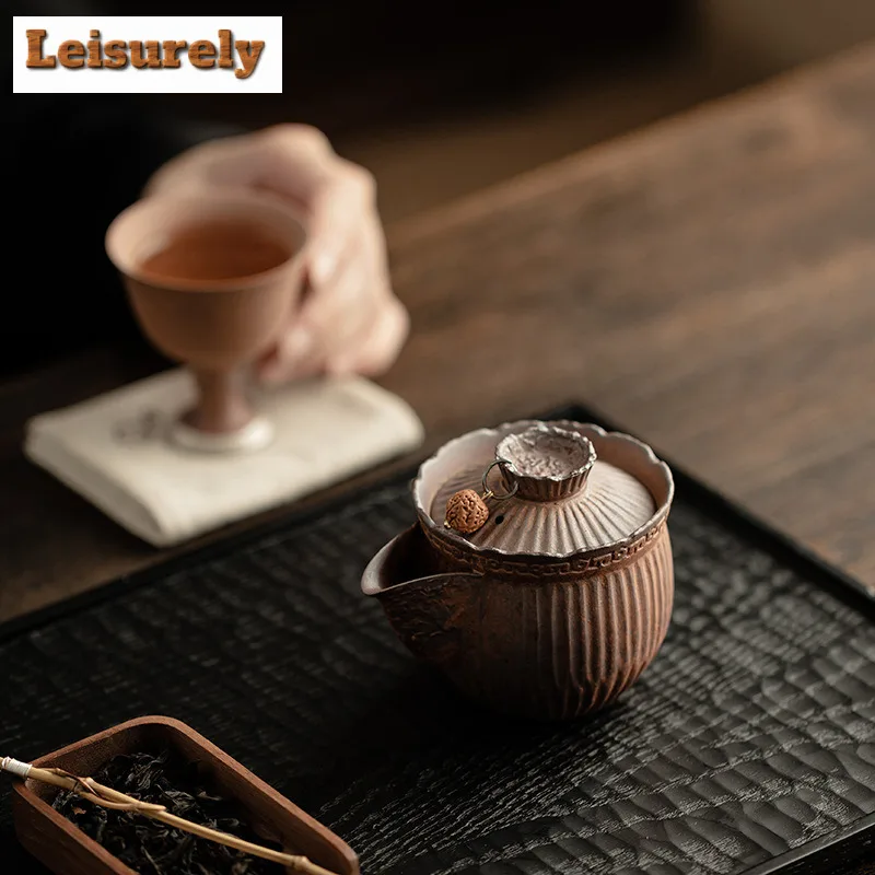 120ML Creative Old Rock Clay Teapot Handmade Stripe Coarse Pottery Pot Household Tea Making Kettle With Filter Tableware Craft