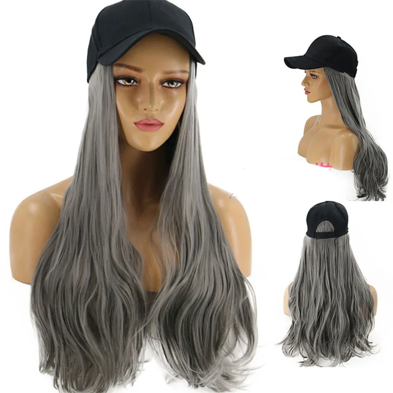 Meetlife Baseball Cap With Long Extension Wig Synthetic Hair Long Wave Hair Travel Beach Baseball Hat Grey Purple leather baseball cap