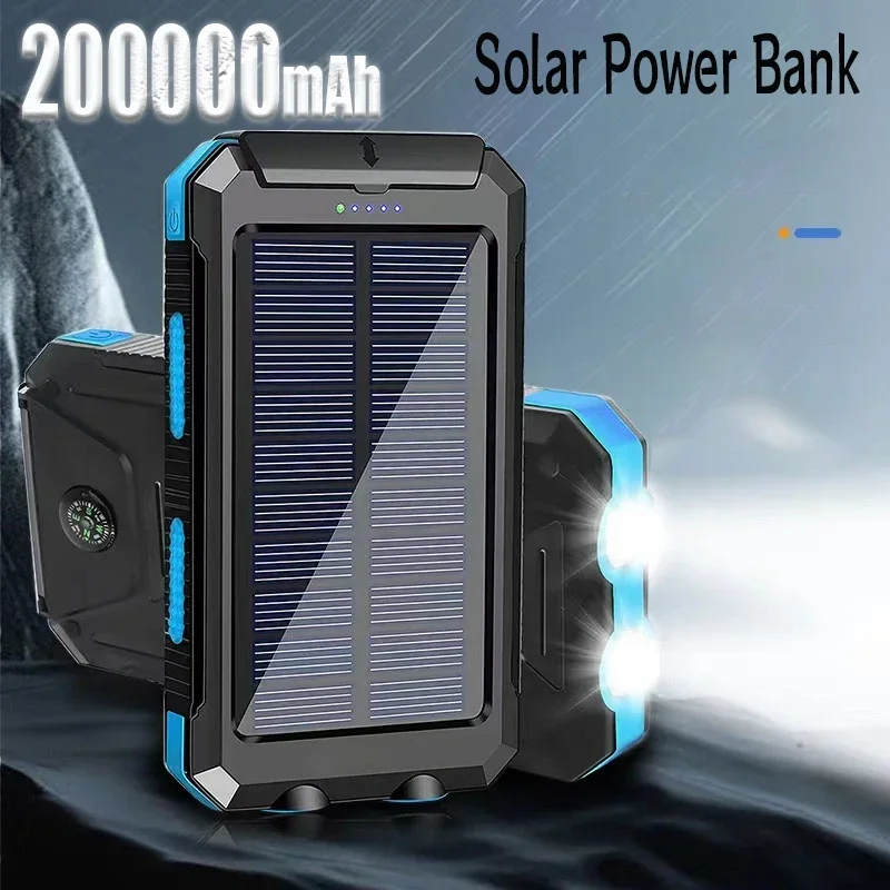 200000mAh Solar Power Bank Fast Charging External Battery 2USB Outdoor Mobile Power Supply Flashlight for Xiaomi IPhone Samsung