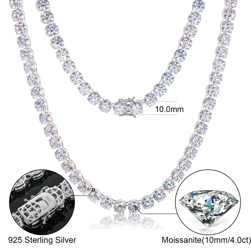 10mm Sparkling Moissanite Tennis Chain Necklace 100% 925 Sterling