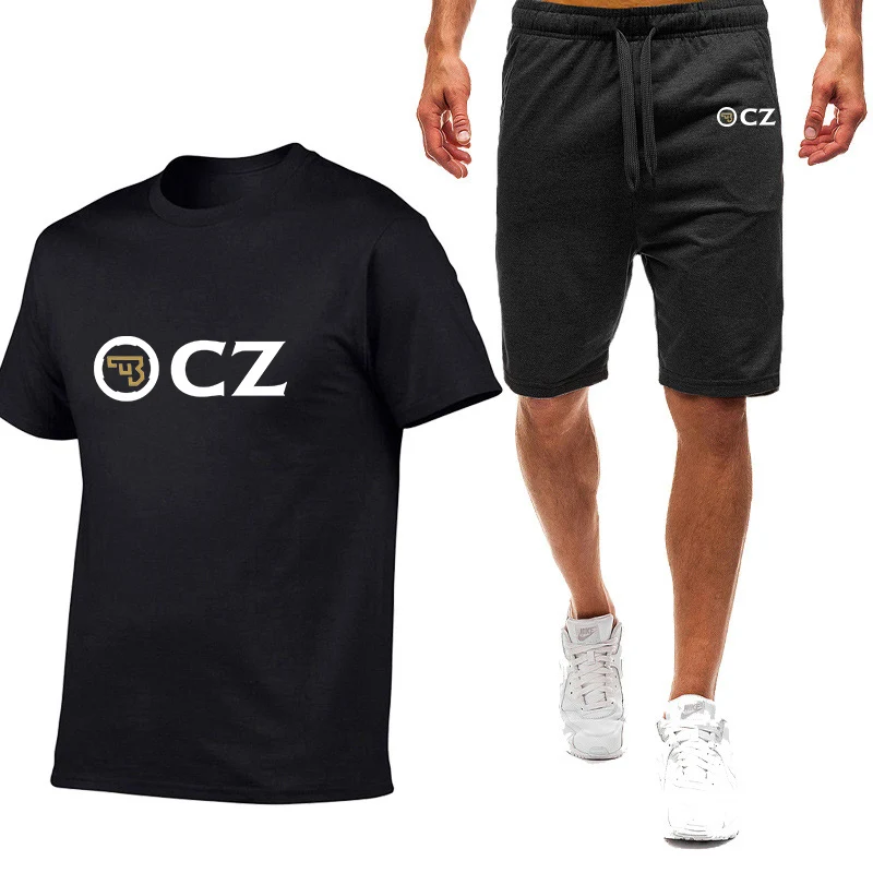 2023 CZ Ceska Zbrojovka Summer Men's Czech Firearms Print Cotton Breathable Short Sleeve Tops+Casual Sweatpants Solid Color Sets